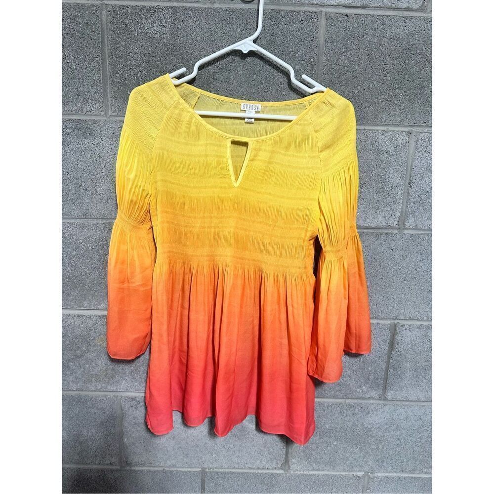 Spense Ombre Watercolor 3/4 Sleeve Seersucker Tunic Top Yellow Orange Size L/G